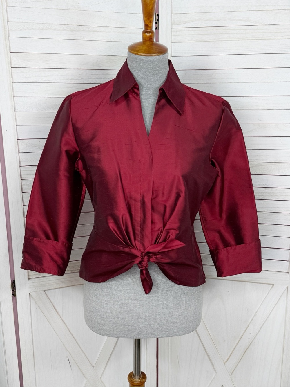 Vintage Talbots Dupioni Slub Silk Knot Tie Front Blouse Red 6 Retro Glam